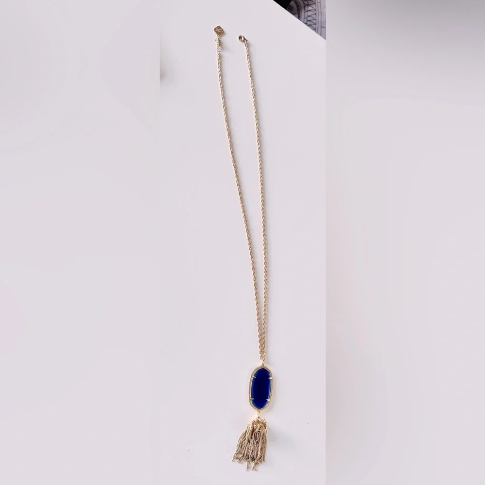 KENDRA SCOTT Rayne Long Gold Necklace w Deep Navy Blue Tassel Pendant